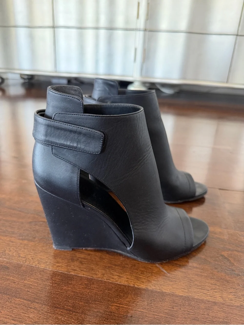 Vince Katia Black Open-Toe Wedge Booties, Size 9